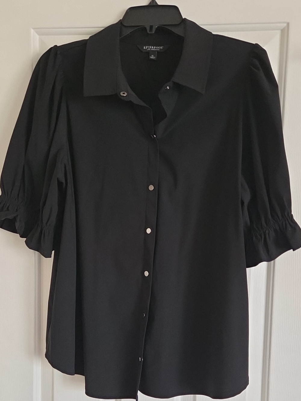 Liverpool Black Puff Sleeve Button-Front Blouse